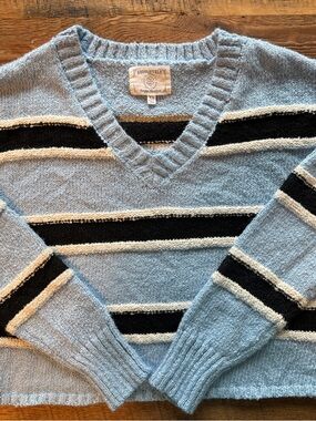 Absolutely Light Blue V-Neck Sweater with Black & Cream Stripes